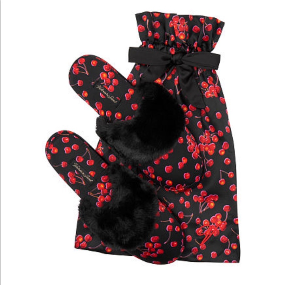 🎉VS🎉Cherries🎉Black🎉Satin Slippers & Bag🎉